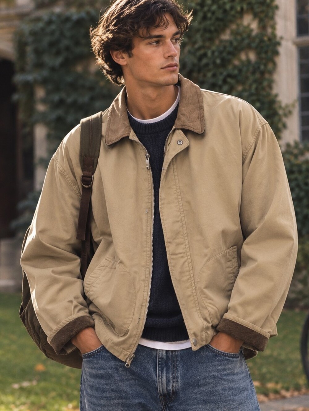 Vtg 90s Nautica Men’s Tan Chore Barn Coat Corduroy Trim & Suede Collar XL Preppy